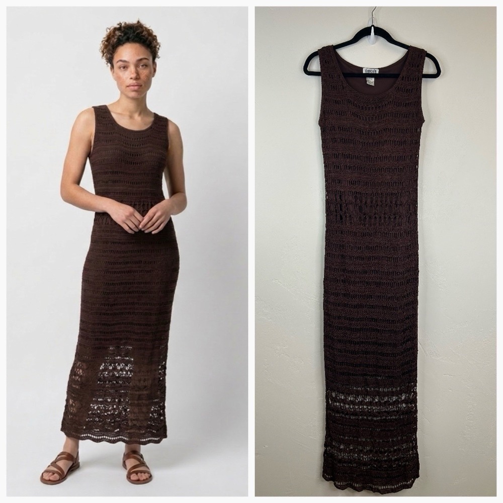Vintage 90s Crotchet Maxi Dress Size L Tall‎ Sleeveless Boho Hippie Y2K Grunge
